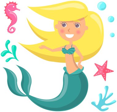 Denizkızı, mavi balık, deniz atı, mercan ve deniz yosunlarının sualtı yaşamı. Çizgi film su perisi.