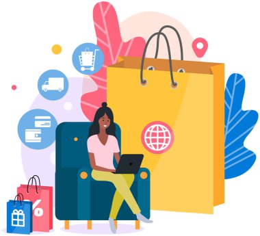 Bilgisayarda online alışveriş programı. Kadınlar kıyafet seçer, alışveriş yapar, web sitesinden sipariş verir.