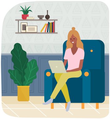 Uzaktan öğrenme, serbest çalışma ve internet eğlencesi. Dizüstü bilgisayarla çalışan kadın.