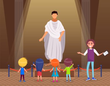 Müze ziyaretçileri, Romalı erkek karakterin klasik figürüne bakan küçük çocuklardan oluşan bir grup.