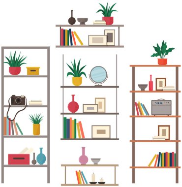Ahşap dolaplar ya da raflı raflar. Dekorasyon vektörü illüstrasyonlu iç mobilyalar