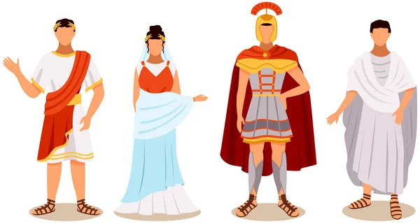 Ciudadanos de la antigua Roma en trajes tradicionales conjunto, legionario, mujer romana, plebeyo, emperador — Vector de stock