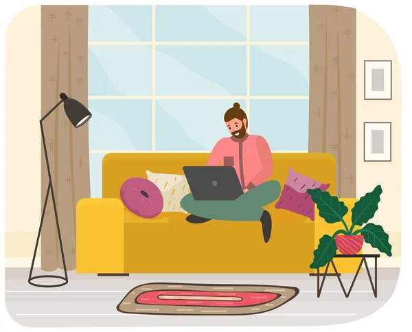 Hombre sentado con portátil en el sofá en casa. Trabajo remoto, freelancing en línea, navegación por Internet — Archivo Imágenes Vectoriales