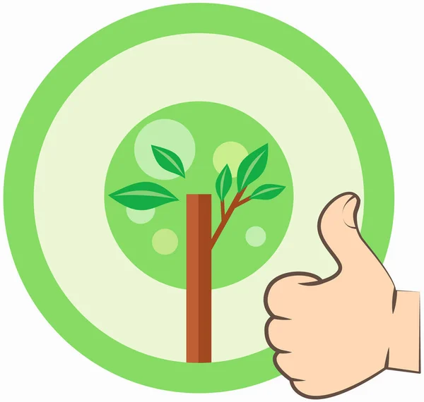 Tema ecologia, felice Earth Day modello volantino, etichetta con albero verde e mano mostrando segno Ok — Vettoriale Stock