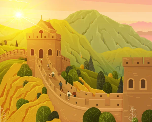 Weltberühmtes Wahrzeichen - Chinesische Mauer wunderschöne Landschaft, monumentale gigantische Struktur — Stockvektor
