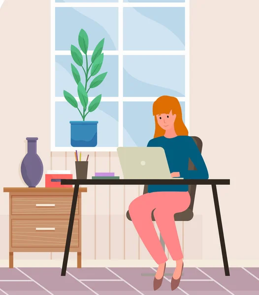 Medewerker met computer aan het werk. Vrouw werkt met laptop op het werk — Stockvector