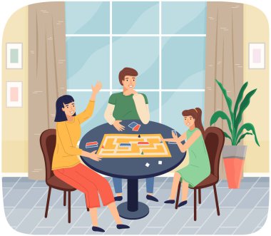 Neşeli aile evde masa oyunu oynuyor. Neşeli anne ve çocuklar birlikte oturur, evde dinlenirler.