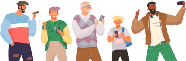 Erkek karakterler sohbet etmek, müzik dinlemek ve internet üzerinden yayın yapmak için mobil aygıt kullanıyorlar.