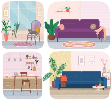 İç tasarım dekorasyonu ve oturma odası ve mutfak düzeni teması üzerine çizimler.