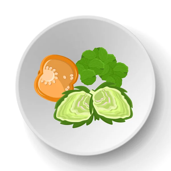Verdure naturali fresche assortite sul piatto. Paprika, carote, ravanelli, lattuga e carciofi — Vettoriale Stock