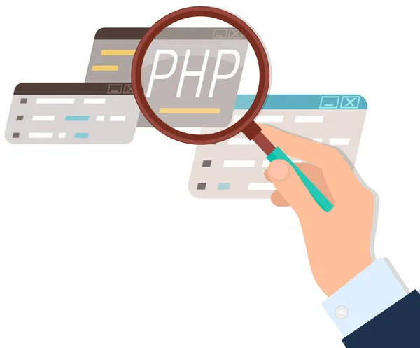 Aprender a codificar PHP lenguaje de programación web con código de script en la página web en la pantalla de desarrollo web — Vector de stock