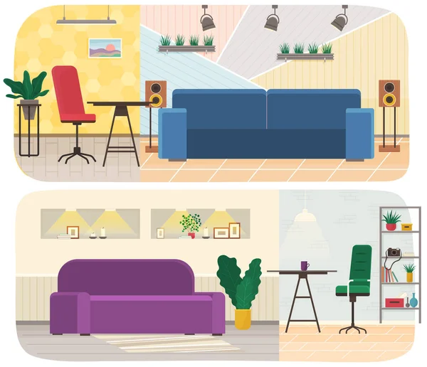 Conjunto de ilustrações sobre tema de decoração de design de interiores e layout de sala de estar e cozinha —  Vetores de Stock