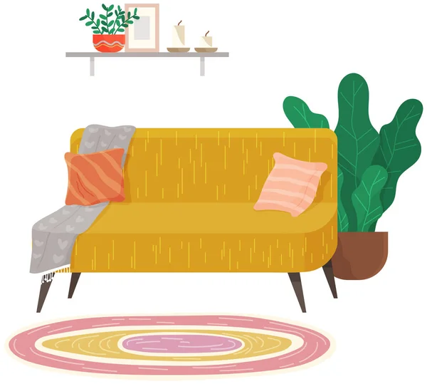 Arrangement of furniture with couch, shelves and plants. Yellow sofa with pillows in interior desing — Stock Vector