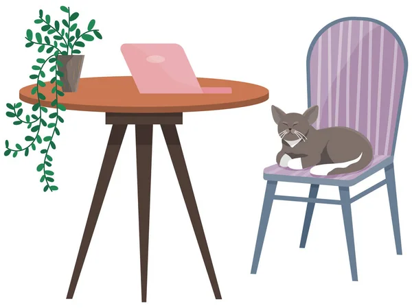 Laptoplu masa ve iş yerindeki sandalyede oturan kedi. Bilgisayarla çalışmak için yer — Stok Vektör