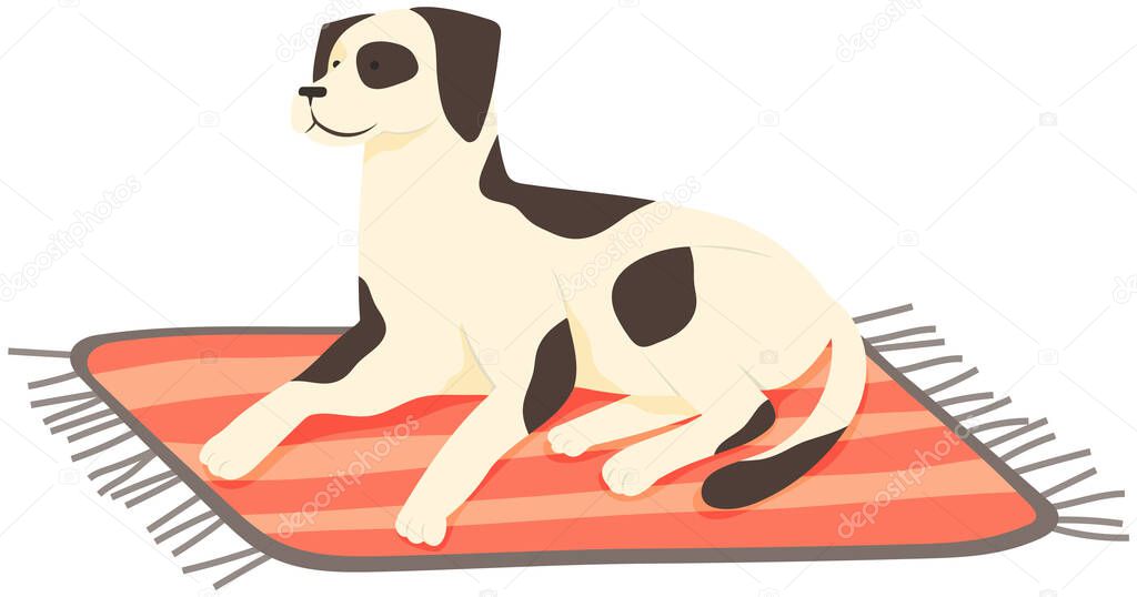 Spotted thoroughbred or yard puppy vector illustration. Puppy with black and white spots lies on rug