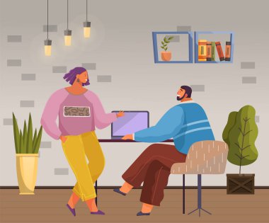 İş arkadaşları iletişim kuruyor, teneffüste sohbet ediyorlar. Adam dizüstü bilgisayarla çalışıyor