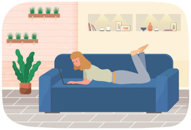 Uzaktan öğrenme, serbest çalışma ve internet eğlencesi. Dizüstü bilgisayarla çalışan kadın.