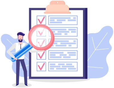 Büyüteçle liste yapmaya çalışan bir adam. Büyüteci olan kişi panodaki kontrol listesine bakar