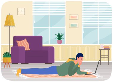 Adam yalan söylüyor ve sohbet etmek için dizüstü bilgisayar kullanıyor. Adam iletişim kurmak ve sohbet etmek için bilgisayar başında vakit geçiriyor.