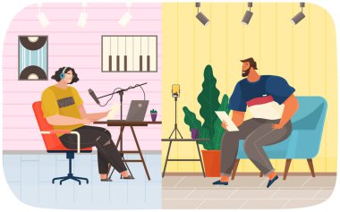 İnsanlar podcast sırasında iletişim kurar. Röportajda canlı bağlantı. Ses podcast 'i kayıt ediliyor