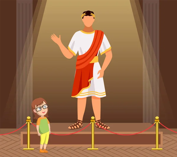 Museumsbesuchergruppe kleiner Kinder betrachtet klassische Figur des römischen Bürgers oder Kaisers — Stockvektor