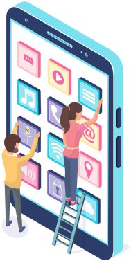 Akıllı telefon için mobil program, elektonik aygıt uygulaması geliştirmek için çalışan insanlar