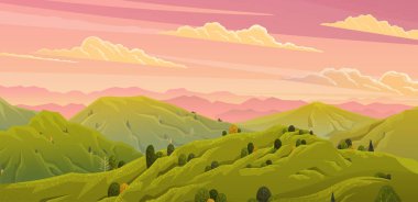 Dağlı yeşil manzara vektör illüstrasyon manzarası Ağaçlar ve çalılar ön planda