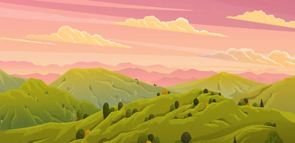 Paisagem verde com montanhas paisagem ilustração vetorial com árvores e arbustos em primeiro plano —  Vetores de Stock