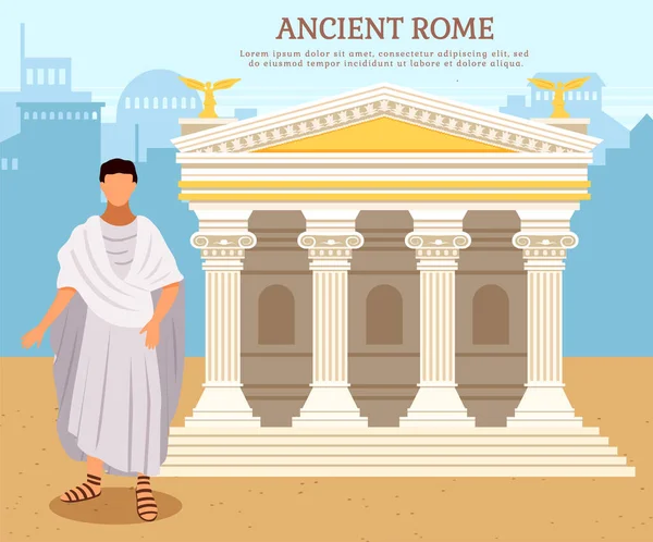 Ancient citizen near roman pantheon temple building with columns, antique culture vector poster — Stock Vector