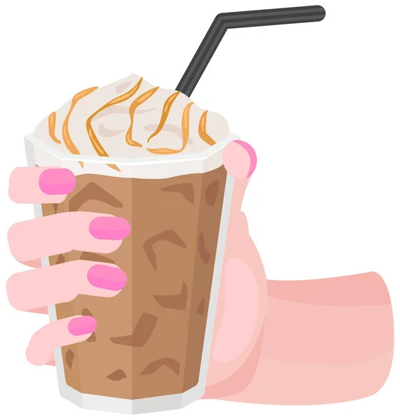 Bebida refrescante, tomar café con leche helada. Mujer sosteniendo la mano taza de café aromático con crema batida — Vector de stock