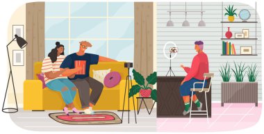 Akıllı telefondan podcast izleyen, stüdyoda video çeken bir kız. Erkek ve kadın kayıt blogu