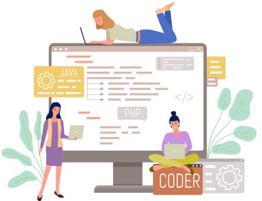 Dizüstü bilgisayarla çalışan insanlar. PC ile yazılım geliştirici ya da sistem yöneticisi