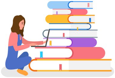 Uzaktan eğitim, online kütüphane konsepti. Genç kadın dizüstü bilgisayarla okuyor ve okuyor.