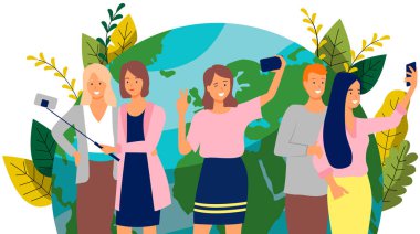 Grup selfie portresi, mavi kürenin yanında fotoğraf çeken gençlerden oluşan bir ekip.