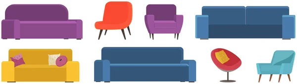 一套用木腿做扶手椅的软垫布长椅。室内装饰用家具 — 图库矢量图片