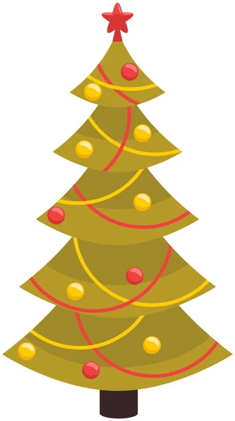 Árbol de Navidad decorado con juguetes, confeti, guirnaldas. Planta de coníferas con decoraciones navideñas — Vector de stock