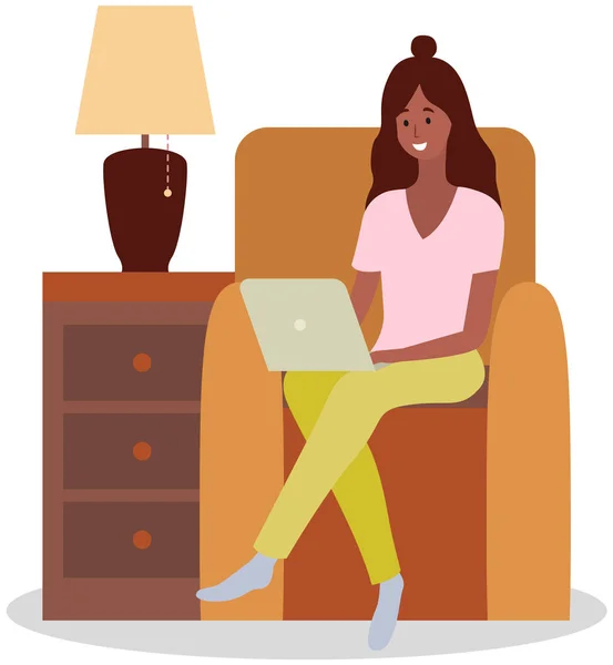 Online communication, internet surfing, freelancing. Woman sitting with laptop in armchair at home — Stock Vector