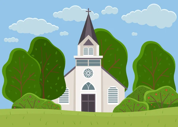 Oude katholieke kerk. Cartoon vector klassieke kathedraal illustratie — Stockvector