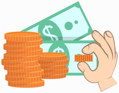 Dolar işaretli altın sikke, insan eliyle zenginliğin ve başarının beyaz sembolüne izole edilmiş kağıt paralar.