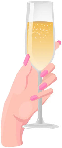 반짝이는 와인, 휴일 축하를 위한 가벼운 알콜 음료. 샴페인을 손으로 잡는 여성들 — 스톡 벡터