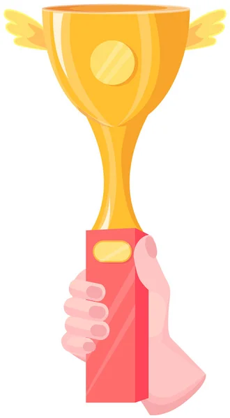 Achievement, reward trophy in human hand. Man wins competition, gold prize, cup, success in contest — Stock Vector