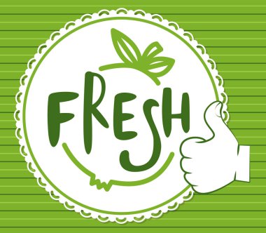 Taze ürün yeşil tabelası, ağaç yaprakları ve harf ekolojik kavram ve tamam işareti..