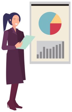 Verileri, istatistiksel araştırma sonuçlarını, iş geliştirme planını sunum panosunun yanındaki kadın