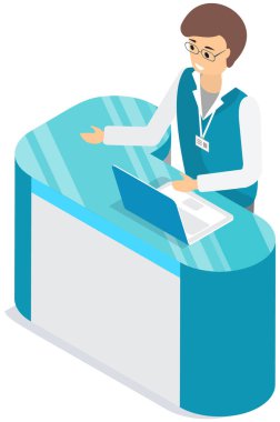 Bilgisayar ve rozetli bir tanıtımcı. Dizüstü bilgisayarda ve reklamlarda çalışan gözlüklü bir erkek karakter.