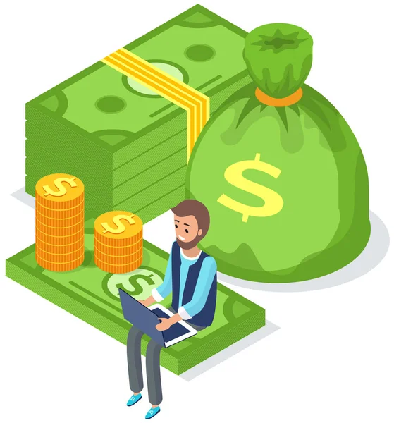 Empresário sentado em notas de dólar com laptop e trabalhando com dinheiro, moeda em conta bancária — Vetor de Stock