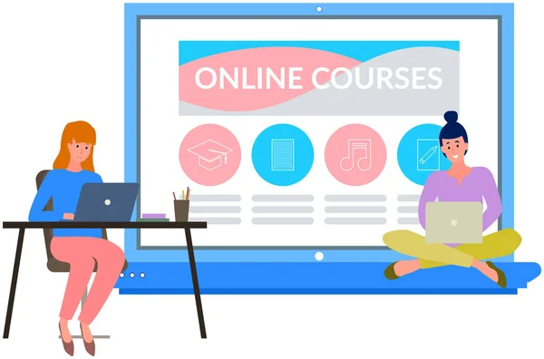 Beste methode van zelfstudie, meisjes studeren opleidingen met laptops, online leren — Stockvector