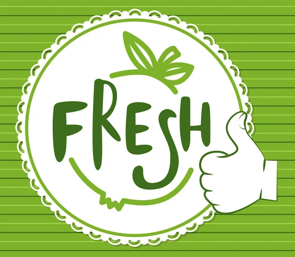 Taze ürün yeşil tabelası, ağaç yaprakları ve harf ekolojik kavram ve tamam işareti..