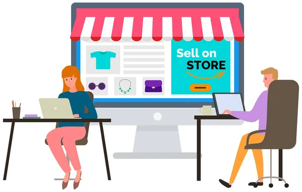 E-handel köpare gör inköp på distans hemifrån med hjälp av mobil applikation och bärbar dator — Stock vektor