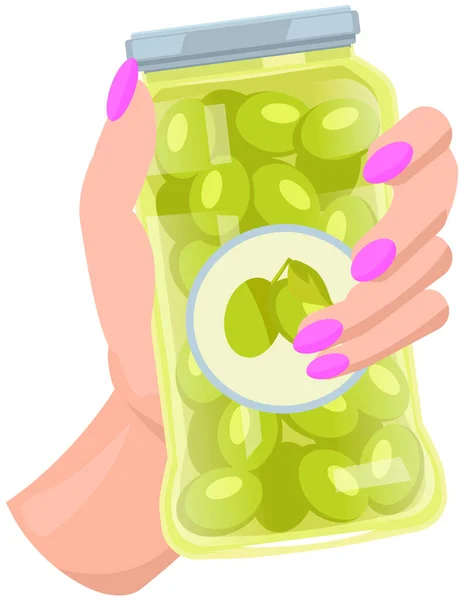 Hand with green olives in glass jar. Premium quality organic canned product, natural olea — Stock Vector