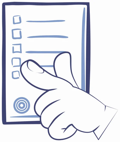 Mão humana apontando para ícone da lista de verificação, placa de papel com nota ou teste. Clipboard e marcas de verificação — Vetor de Stock